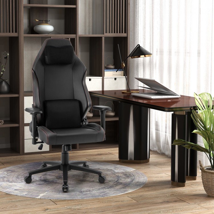 Ergonomic high back computer chair in black with adjustable headrest and lumbar pillow, perfect for home office use.