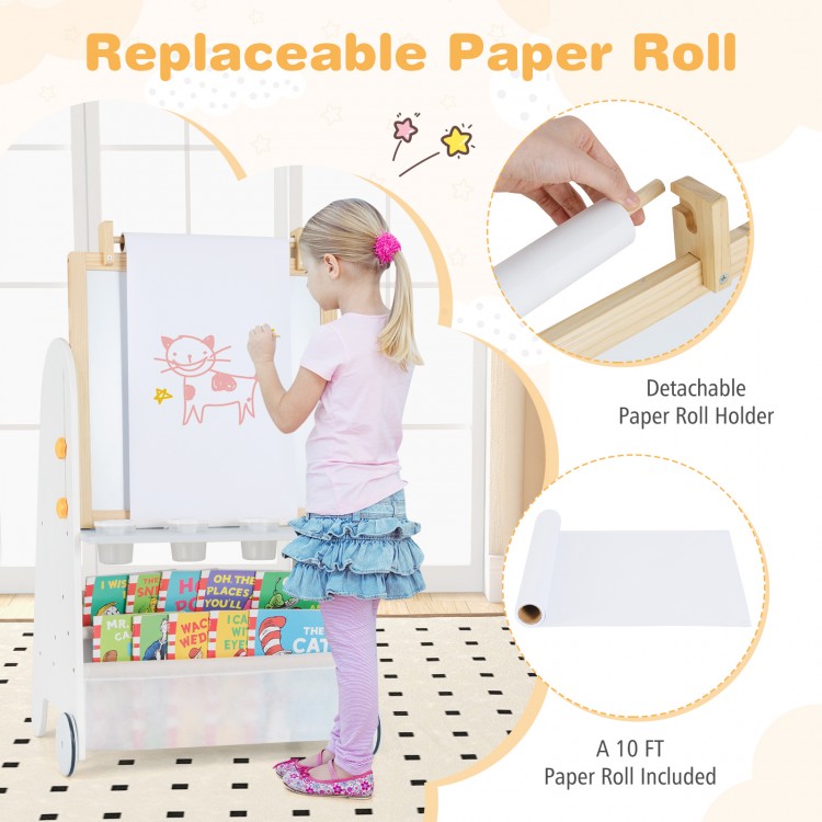 Toddler using the replaceable paper roll on the 4-in-1 activity table set with magnetic whiteboard and chalkboard.