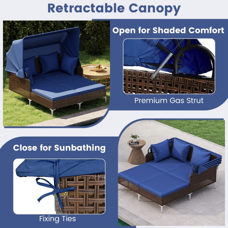 Outdoor daybed with retractable canopy in navy, featuring PE wicker rattan for patio relaxation and sunbathing.