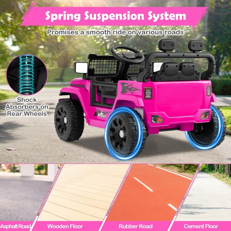 Pink 12V kids ride-on truck with spring suspension system, designed for smooth rides on various surfaces.