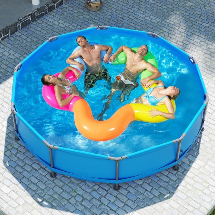 Family enjoying the 12 ft outdoor swimming pool with metal frame, featuring durable PVC fabric and easy drainage.