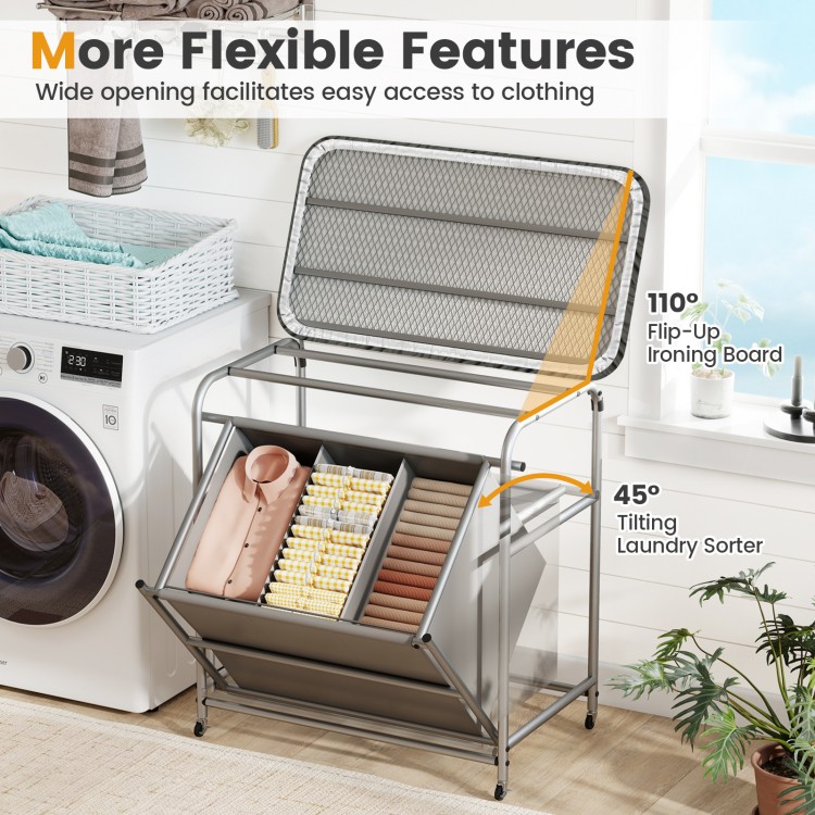 3-section laundry sorter with foldable ironing board, gray, featuring lockable wheels and removable cotton cover for.