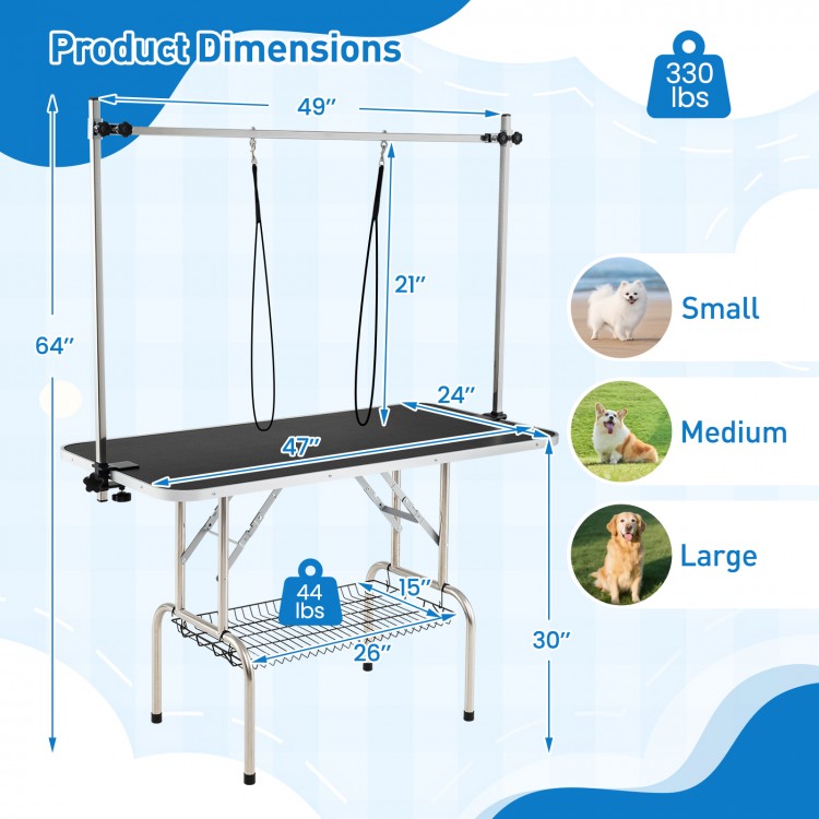 Foldable dog grooming table with height adjustable arms, non-slip waterproof surface, and storage tray for pet supplies.