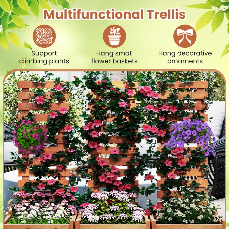 Outdoor wooden raised garden bed with trellis, designed for climbing plants and hanging flower baskets, perfect for.
