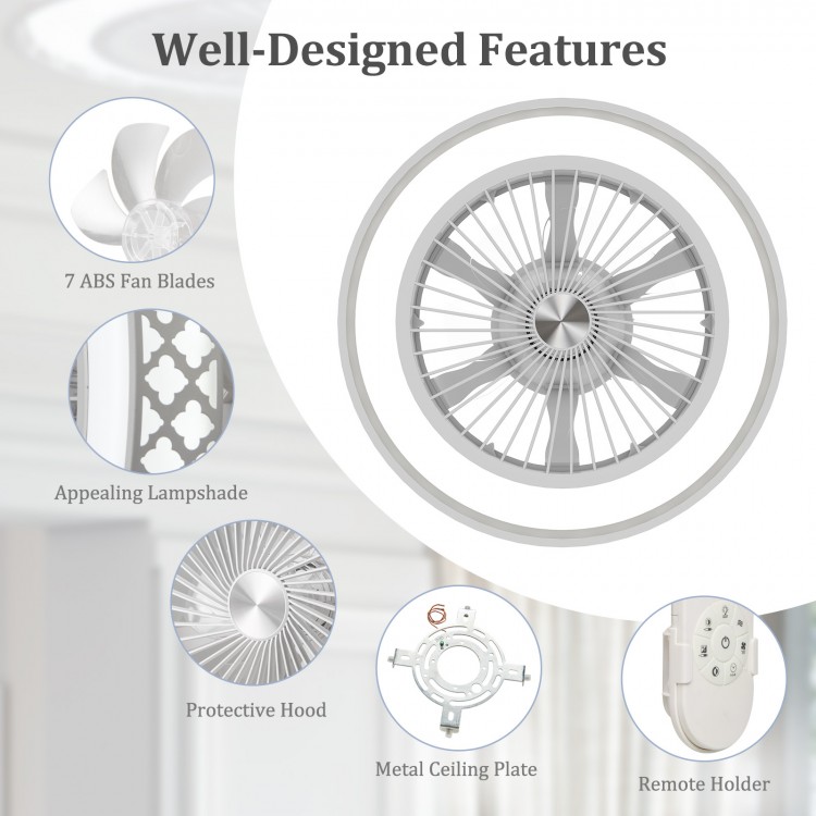 Ceiling fan features including 7 ABS blades, appealing lampshade, and protective hood for low-profile installation.
