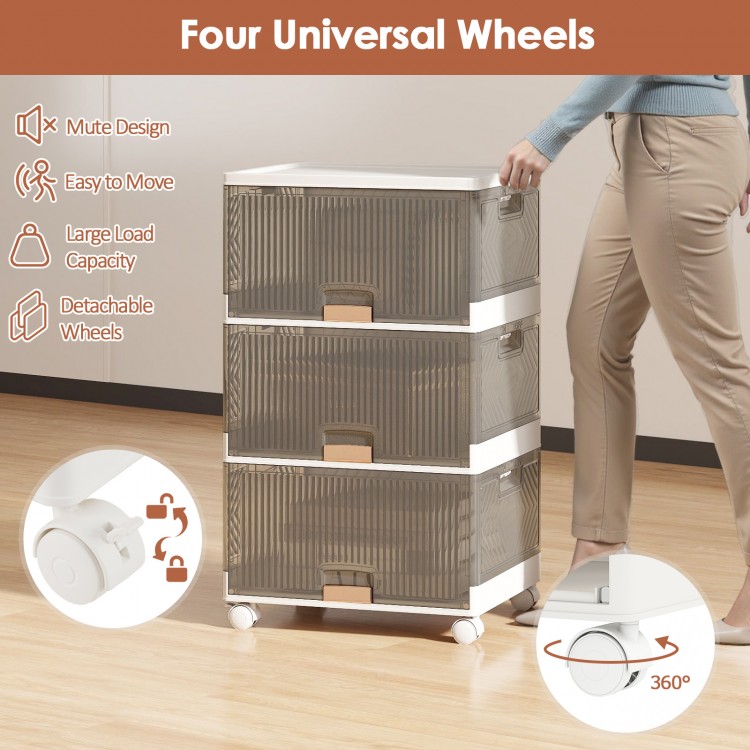 Three-cube stackable storage bin with detachable wheels, featuring a mute design and ample storage for easy.