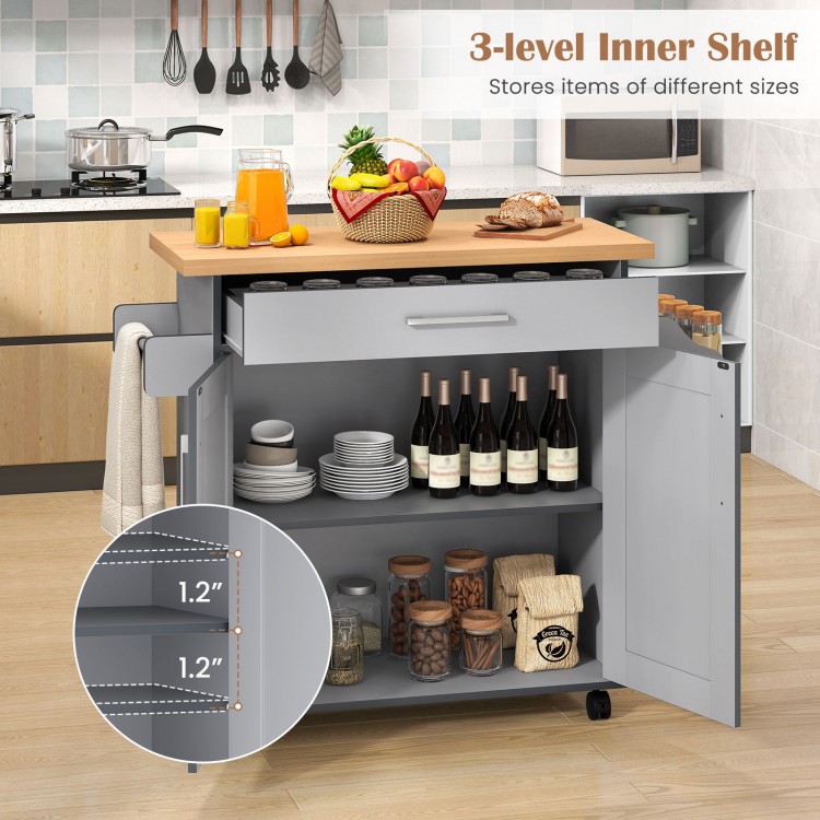 Rolling kitchen island cart in gray with adjustable shelves, spacious countertop, and towel/spice racks for organized.