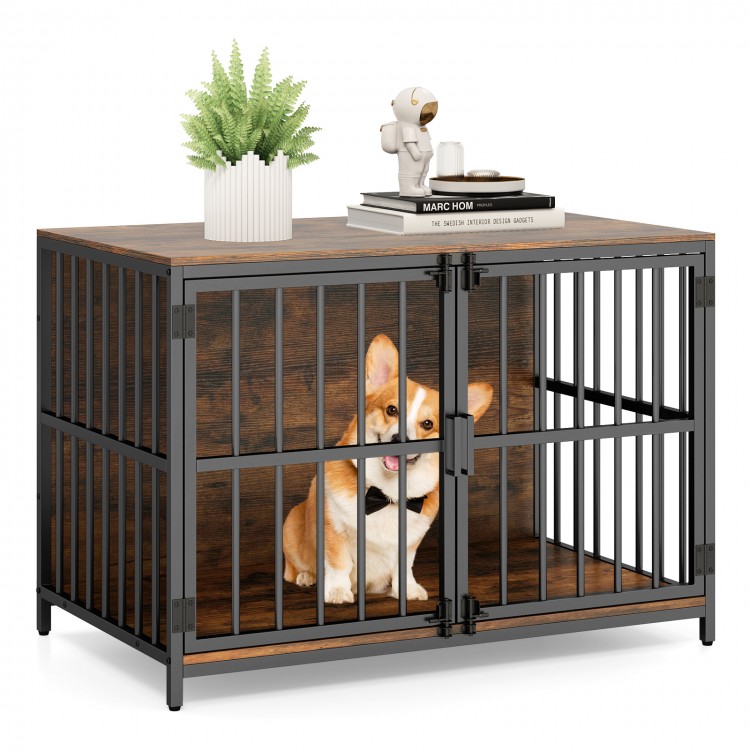 Rustic brown 40-inch dog crate furniture with dual lockable doors, serving as a stylish side table for pets.