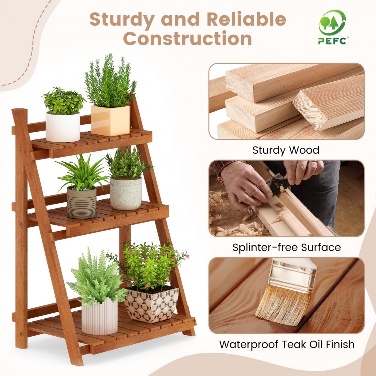 Foldable 3-tier solid wood plant stand with waterproof teak oil finish, perfect for patio or balcony plant display.