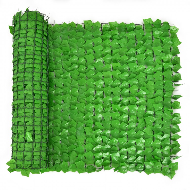Artificial ivy privacy fence roll measuring 118 x 39 inches, made of durable polyester fabric for outdoor decor.