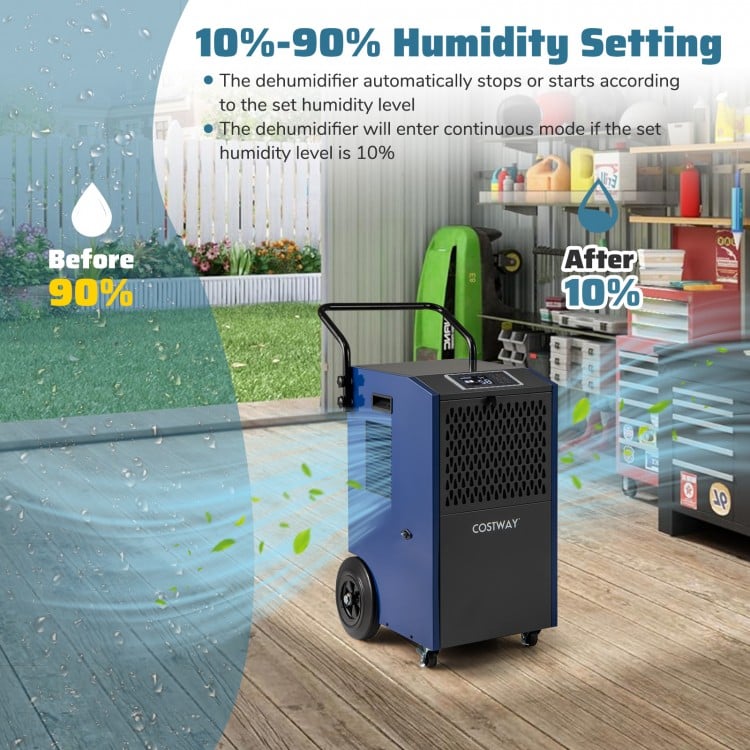 154 Pints commercial dehumidifier in blue with adjustable humidity settings, ideal for large spaces like basements and.