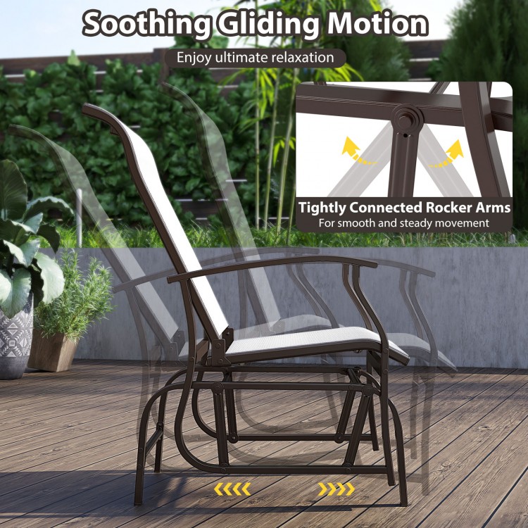 Outdoor glider chair with ergonomic backrest and beige seat, showcasing smooth rocking motion for patio relaxation.