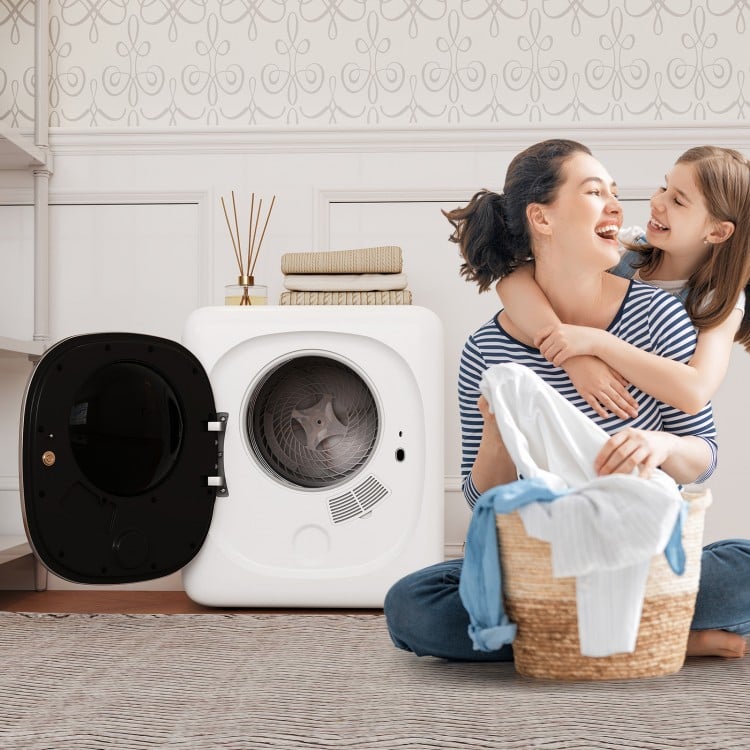 Portable clothes dryer with a compact design, 1.5 cu.ft capacity, and LED touch panel for efficient laundry drying.