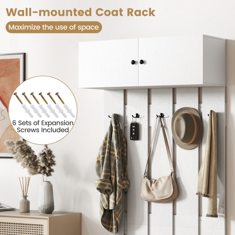 Wall-mounted coat rack in white with upper storage and 5 metal hooks, ideal for maximizing entryway space.