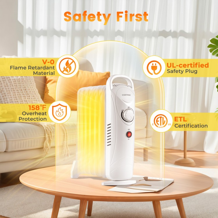 Electric oil-filled radiator heater in white with adjustable thermostat and safety features for efficient heating.