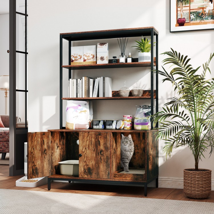 57-inch cat litter box enclosure with storage, featuring a rustic wood design and removable scratcher for easy.
