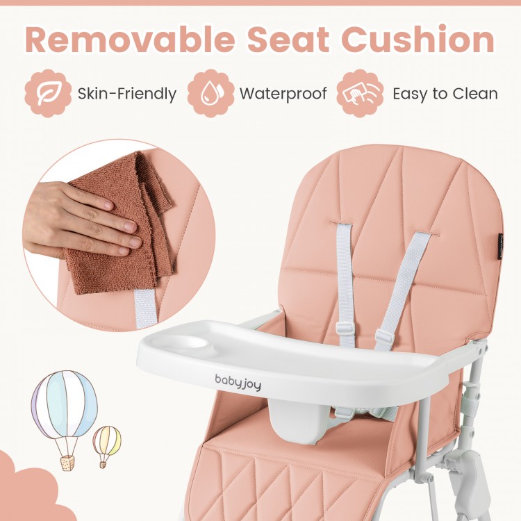 Removable pink PU seat cushion on Easy Clean Compact Highchair with adjustable tray for convenient feeding.