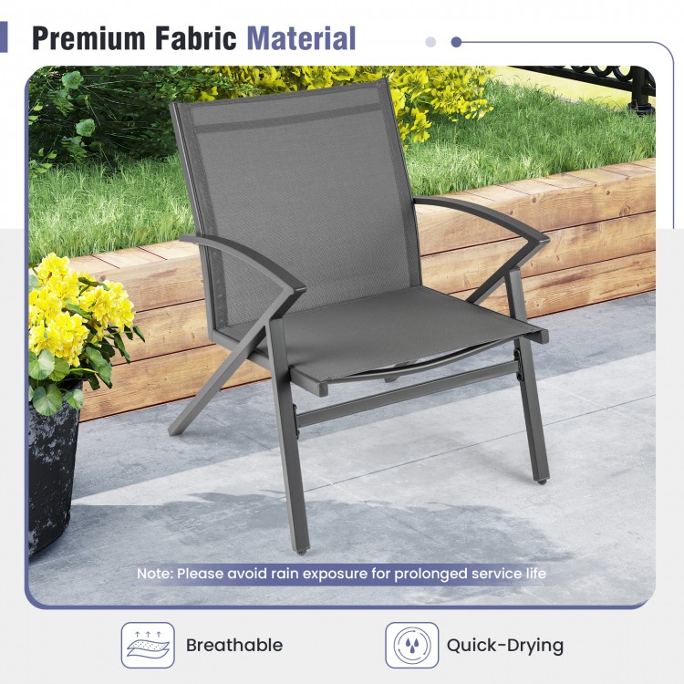 Grey patio chair with breathable, quick-drying fabric and heavy-duty metal frame, perfect for outdoor relaxation.