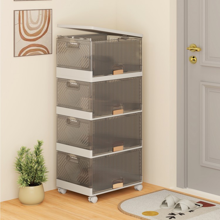 Four-cube stackable storage bin with detachable wheels, featuring a flexible design and top/front opening for easy.