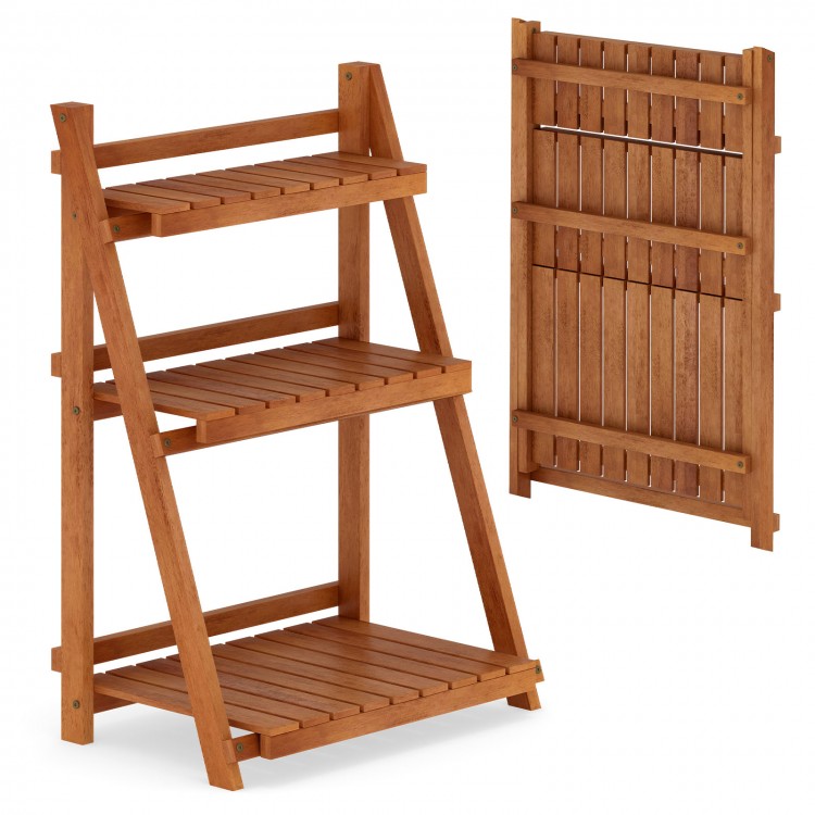 Foldable 3-tier solid wood plant stand with slatted shelves, ideal for patio or balcony plant display and decoration.