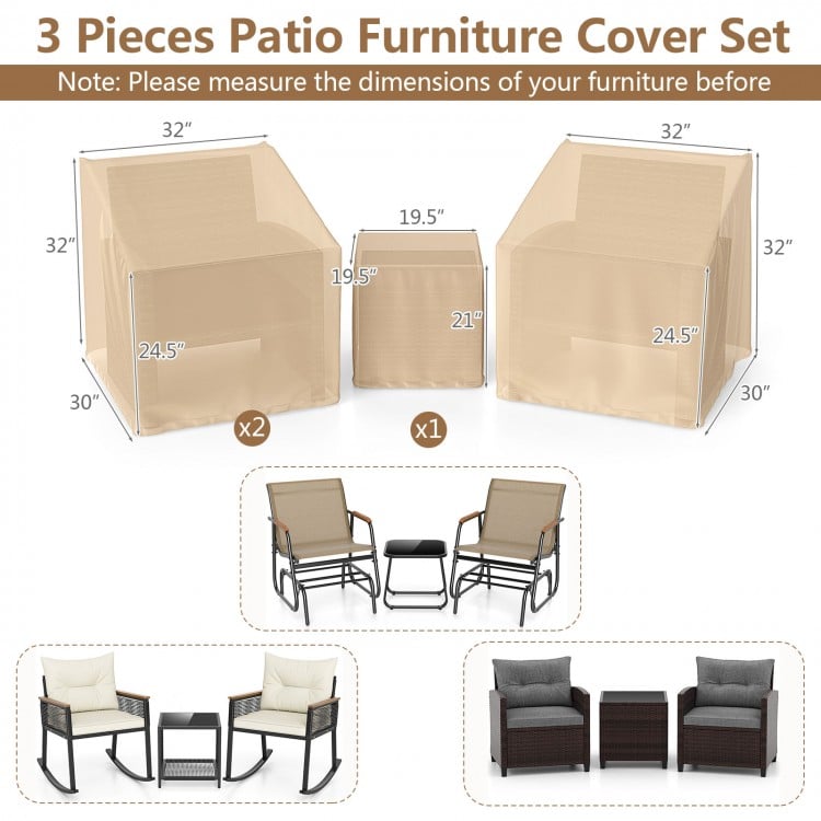 Beige waterproof patio furniture covers for 3-piece bistro set, featuring elastic hem for a secure fit and durable.