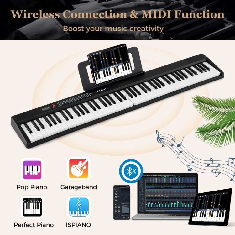 88-key foldable electric piano in black with MIDI function, featuring dual speakers and portable design for music.