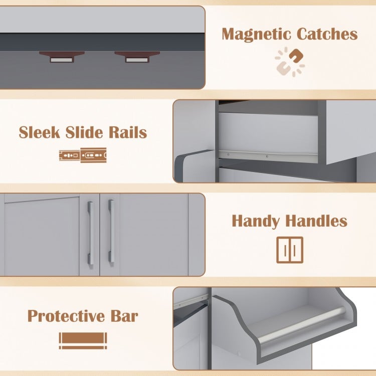 Rolling kitchen island cart in gray featuring a spacious countertop, adjustable shelf, and convenient spice and towel.