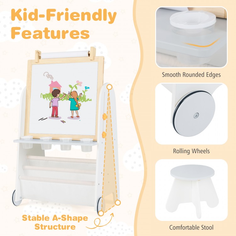 4-in-1 toddler activity table set featuring a magnetic whiteboard and chalkboard, with rolling wheels for easy mobility.