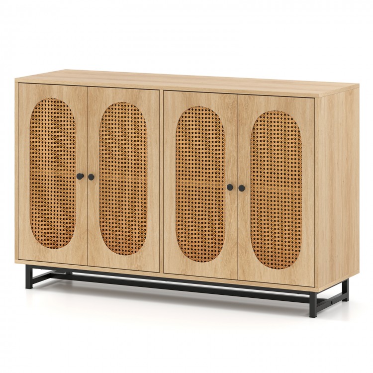 50-inch buffet sideboard cabinet with 4 rattan doors, adjustable shelves, and natural wood finish for versatile storage.