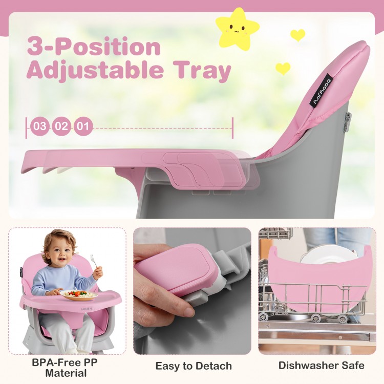 Adjustable pink tray of the 16-in-1 baby high chair, featuring BPA-free material and easy detachment for cleaning.