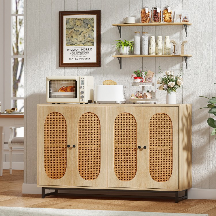 50-inch buffet sideboard cabinet with 4 rattan doors, adjustable shelves, and natural finish for versatile kitchen use.