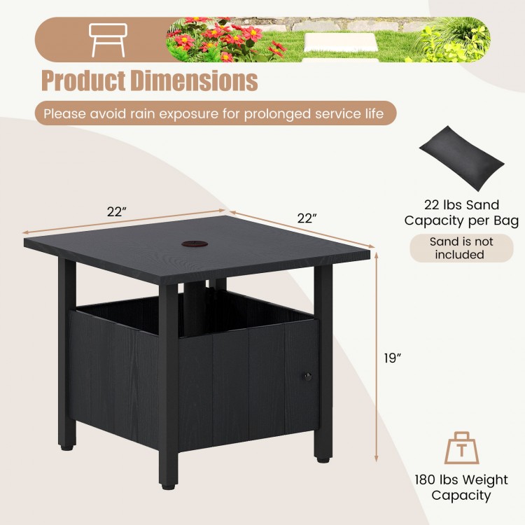 Black outdoor side table with 1.89" umbrella hole, sturdy zinc-iron alloy structure, ideal for patio use.