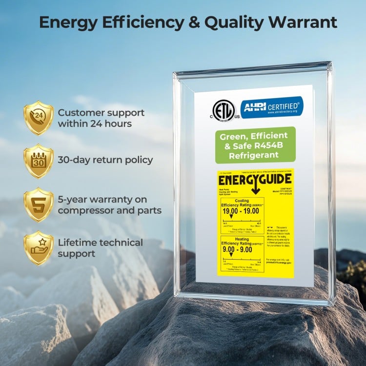 Energy efficiency and warranty details for the 3 Ton 19 SEER2 High-Performance Heat Pump System displayed in a frame.