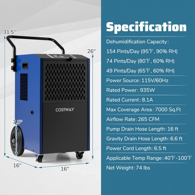 154 Pints commercial dehumidifier in blue with pump, ideal for large spaces up to 7000 sq.ft, featuring high airflow.