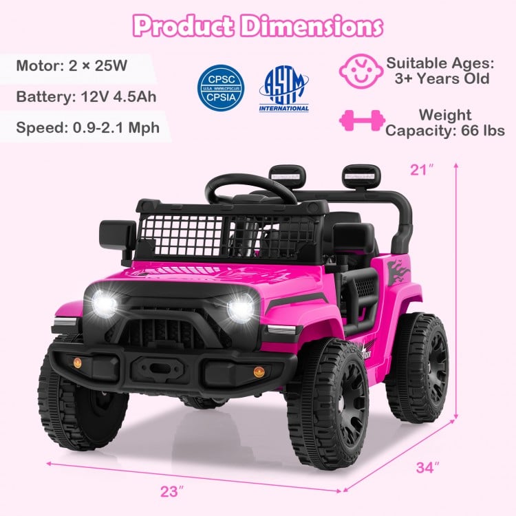 Pink 12V kids ride-on truck with remote control, LED headlights, and safety features for a fun driving experience.