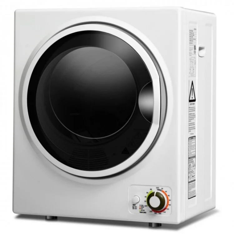 Compact clothes dryer with stainless steel tub, 1.5 cu. ft. capacity for drying up to 10 lbs of laundry.