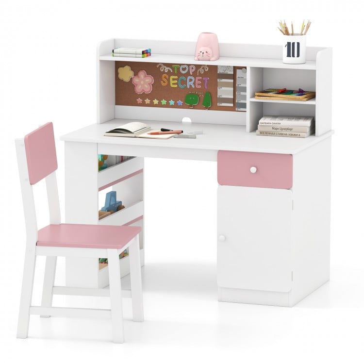 Kids desk and chair set in pink with hutch, cork board, and storage options, perfect for study or playroom use.