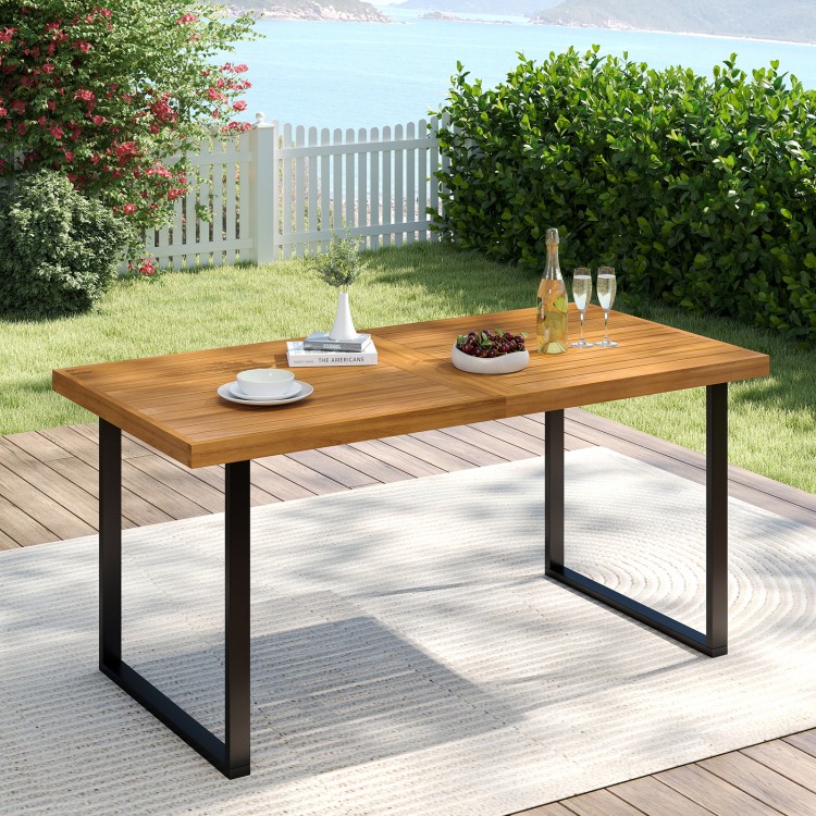 Acacia wood dining table for 6 with a sturdy metal frame, ideal for outdoor dining on patios or terraces.