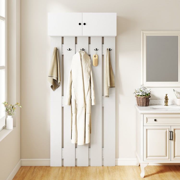 Wall-mounted coat rack in white with upper storage cabinet and five hooks, ideal for entryways and compact spaces.