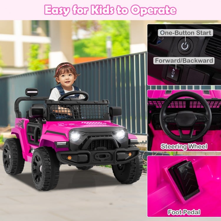 Pink 12V kids ride-on truck with steering wheel, foot pedal, and LED headlights for safe outdoor fun.