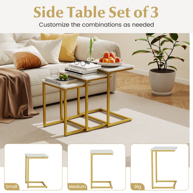 Set of 3 stackable side tables in white with gold steel frame, perfect for living room or bedroom use.