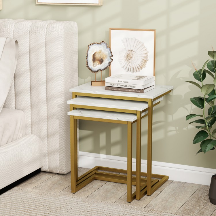 Stackable 3-piece coffee end table set in white with gold steel frame, ideal for living room or bedroom use.