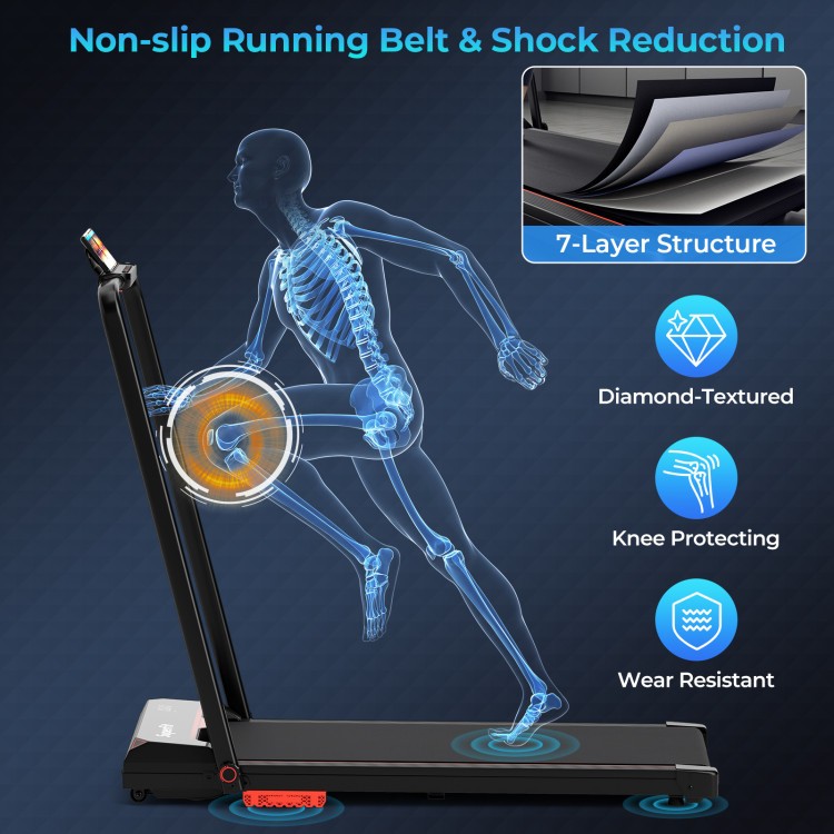 Close-up of the treadmill's 7-layer non-slip running belt, highlighting shock reduction and diamond-textured surface.