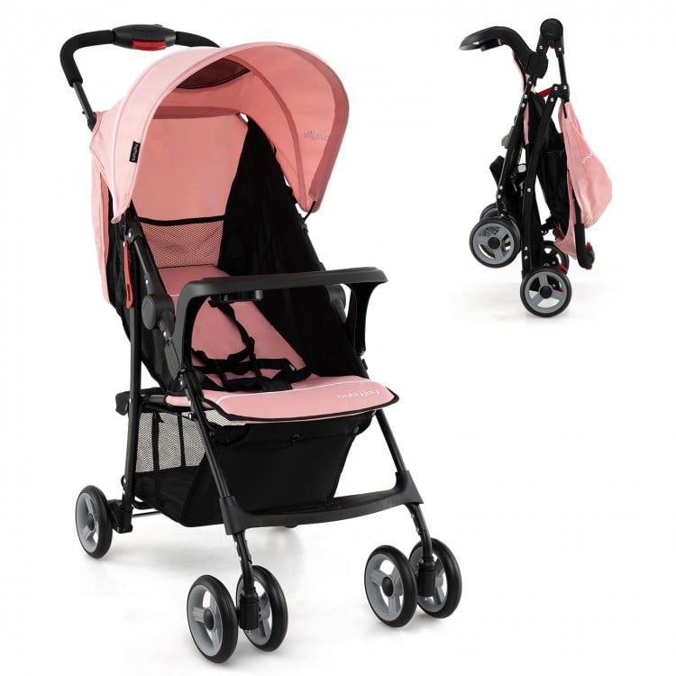 Pink toddler travel stroller with canopy, adjustable backrest, and foldable design for easy storage and convenience.