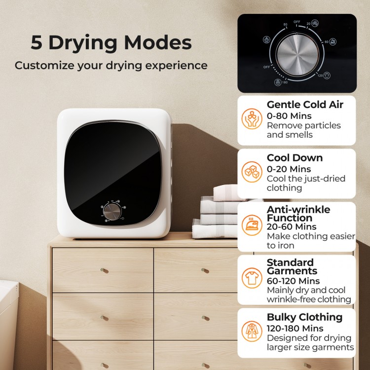 Portable clothes dryer with stainless steel tub, featuring five drying modes and a compact design for versatile use.