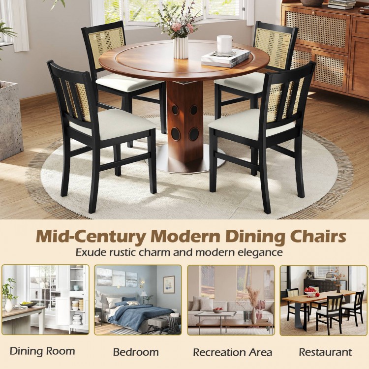 Farmhouse rattan dining chair set of 2 with rubber wood legs and cane back, ideal for dining rooms and restaurants.