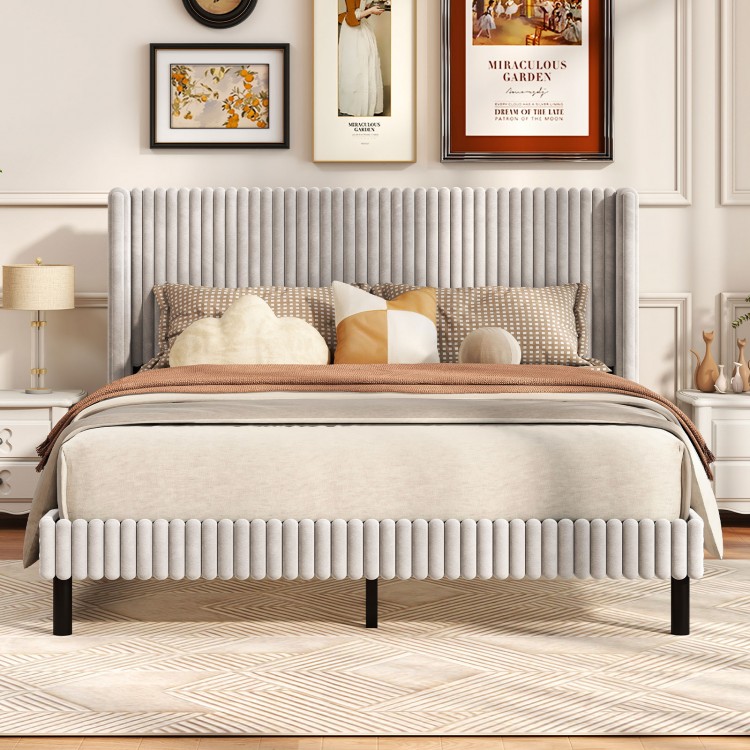 Queen size velvet bed frame with vertical channel tufted wingback headboard in white, ideal for modern bedroom decor.