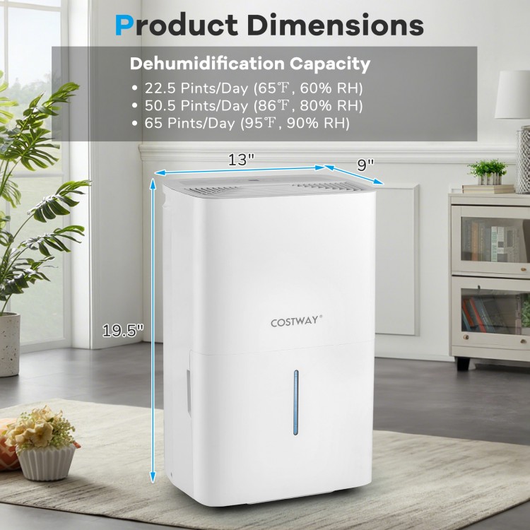 Dimensions of the 65 Pints Dehumidifier with LED display, featuring a large water tank for efficient humidity control.