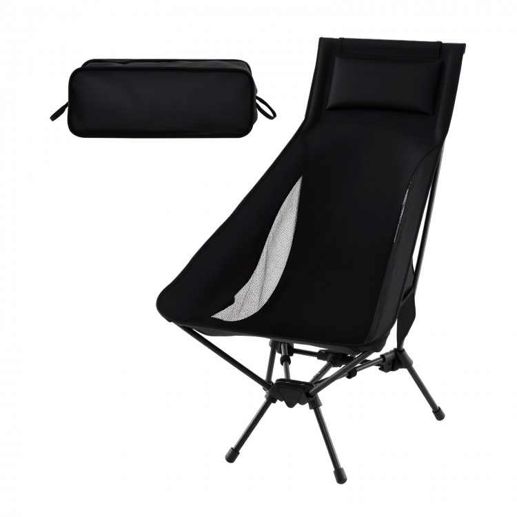 High back portable camping chair in black with a compact carry bag and built-in pillow for comfortable outdoor seating.