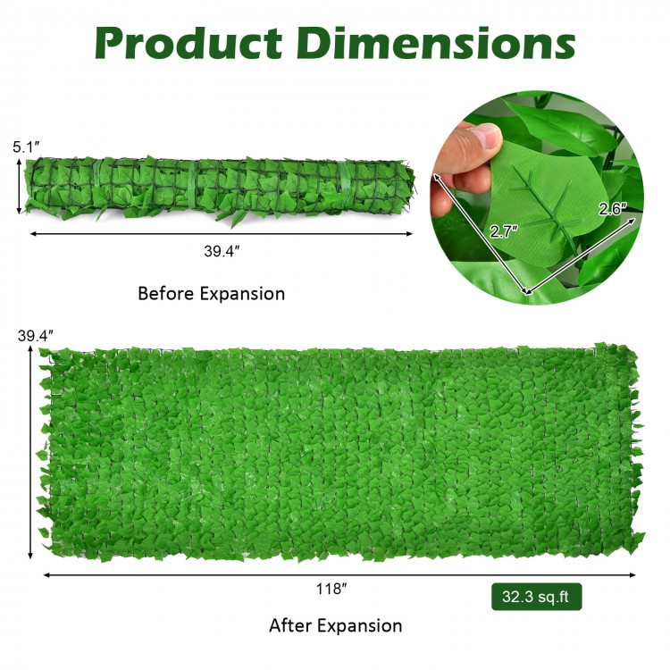 Artificial ivy privacy fence measuring 118 x 39 inches, expands to cover 32.3 sq. ft, ideal for decorative privacy.